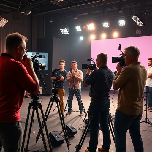 Imagem do curso de atuaäão para TV, atores gravando uma cena em um set de filmagem.