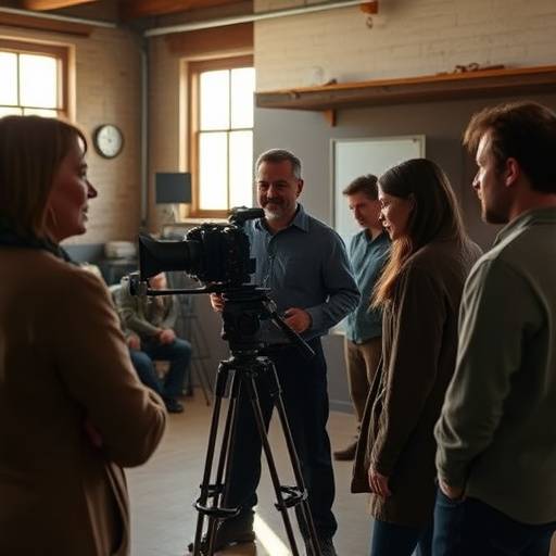 Imagem do curso de preparaäão de elenco, diretor trabalhando com atores.